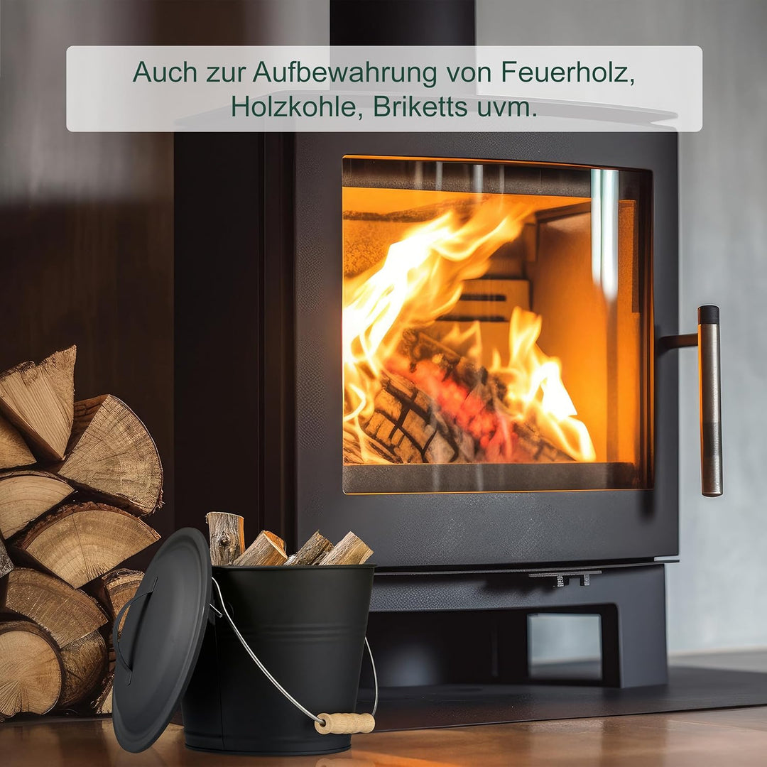 Relaxdays Ascheeimer mit Deckel und Kehrset, 4,5 L, inkl. Aschebesen & Kaminschaufel, Aschebehälter