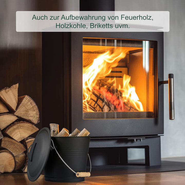 Relaxdays Ascheeimer mit Deckel und Kehrset, 4,5 L, inkl. Aschebesen & Kaminschaufel, Aschebehälter