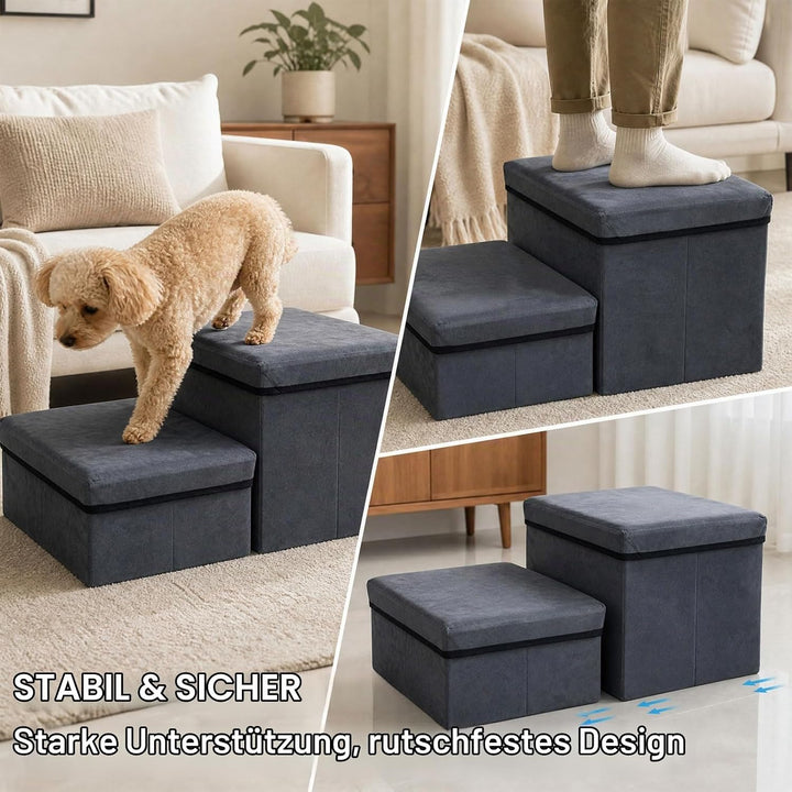 Hundetreppe mit Stauraum 2 Stufen Faltbar 60x40x30cm - Rutschfeste Haustiertreppe für Bett Und Sofa