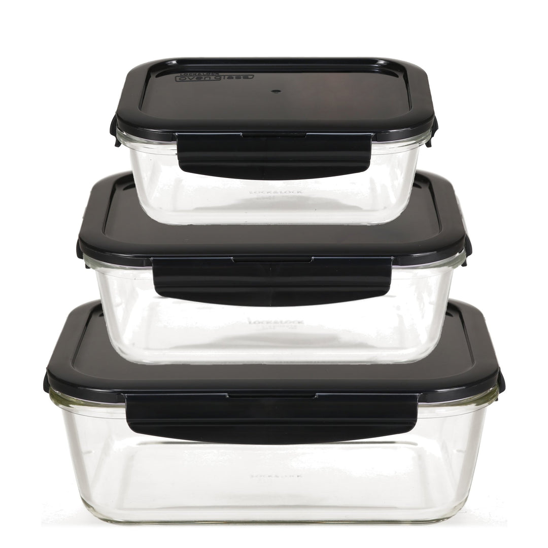 LOCK & LOCK Frischhaltedosen aus Glas mit Deckel, 3er Set eckig & gross - OVEN GLASS - Kühlschrank &