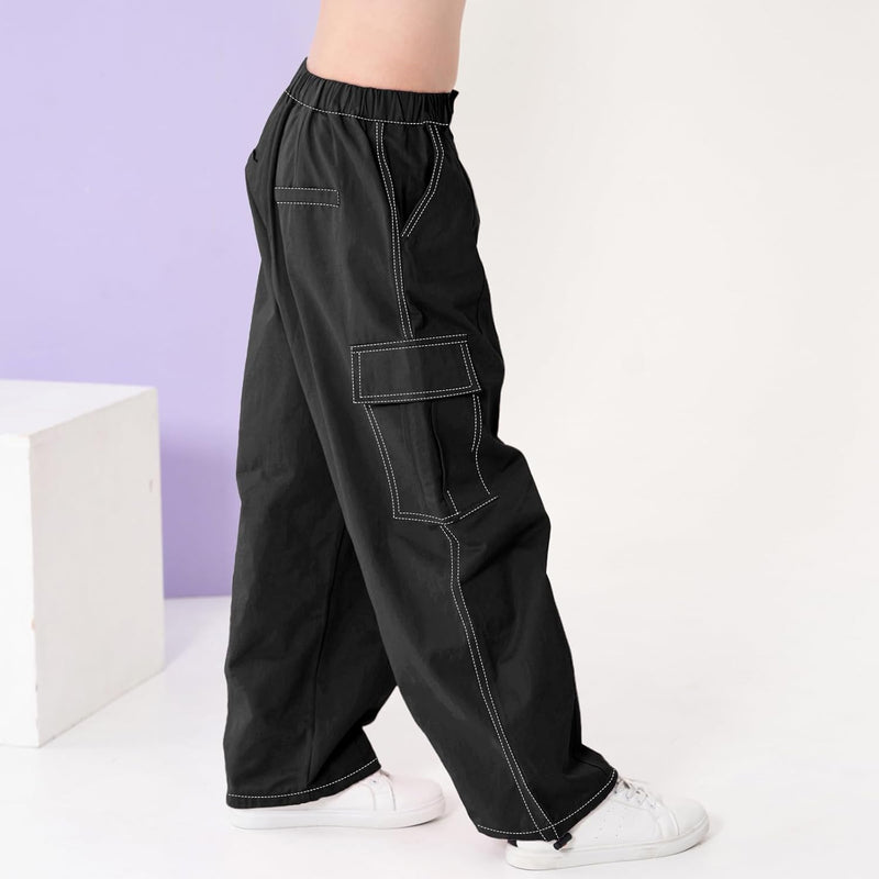 Rolanko Mädchen Cargohose, Baumwoll Baggy Hose mit Elastischer Taille und Mehreren Taschen für Kinde