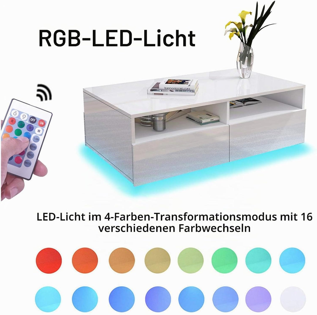 Senvoziii LED Couchtisch für Wohnzimmer, Beistelltisch Moderner Holztisch, Weisser Glanz Kaffeetisch