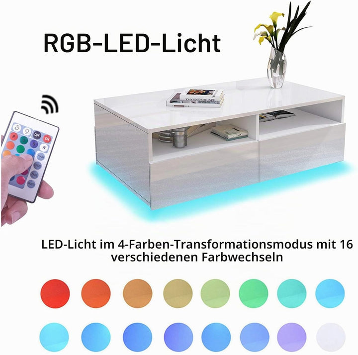 Senvoziii LED Couchtisch für Wohnzimmer, Beistelltisch Moderner Holztisch, Weisser Glanz Kaffeetisch