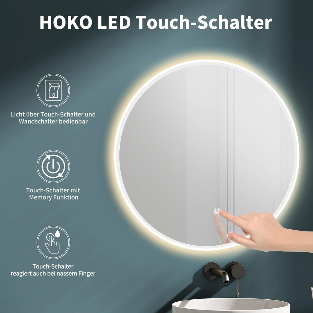 HOKO Design Badspiegel rund 60 cm Malaga mit Metall Rahmen Weiss. Runder Bad Wandspiegel LED beleuch