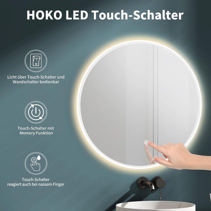HOKO Design Badspiegel rund 60 cm Malaga mit Metall Rahmen Weiss. Runder Bad Wandspiegel LED beleuch