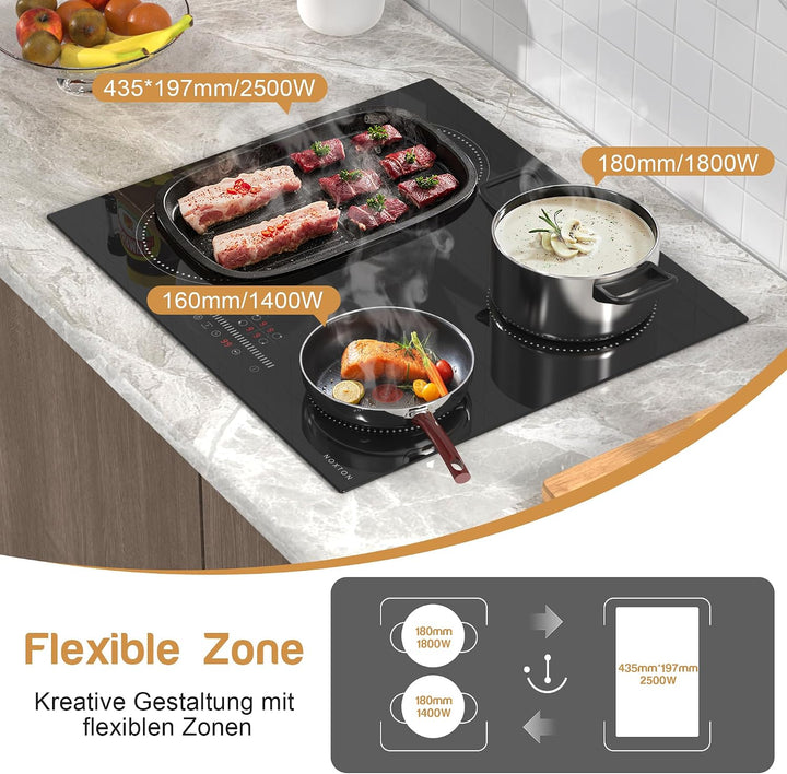 NOXTON Induktionskochfeld 60 cm Flexzonen mit Stecker, Induktionsfeld 4 Platten Einbau mit Schiebere