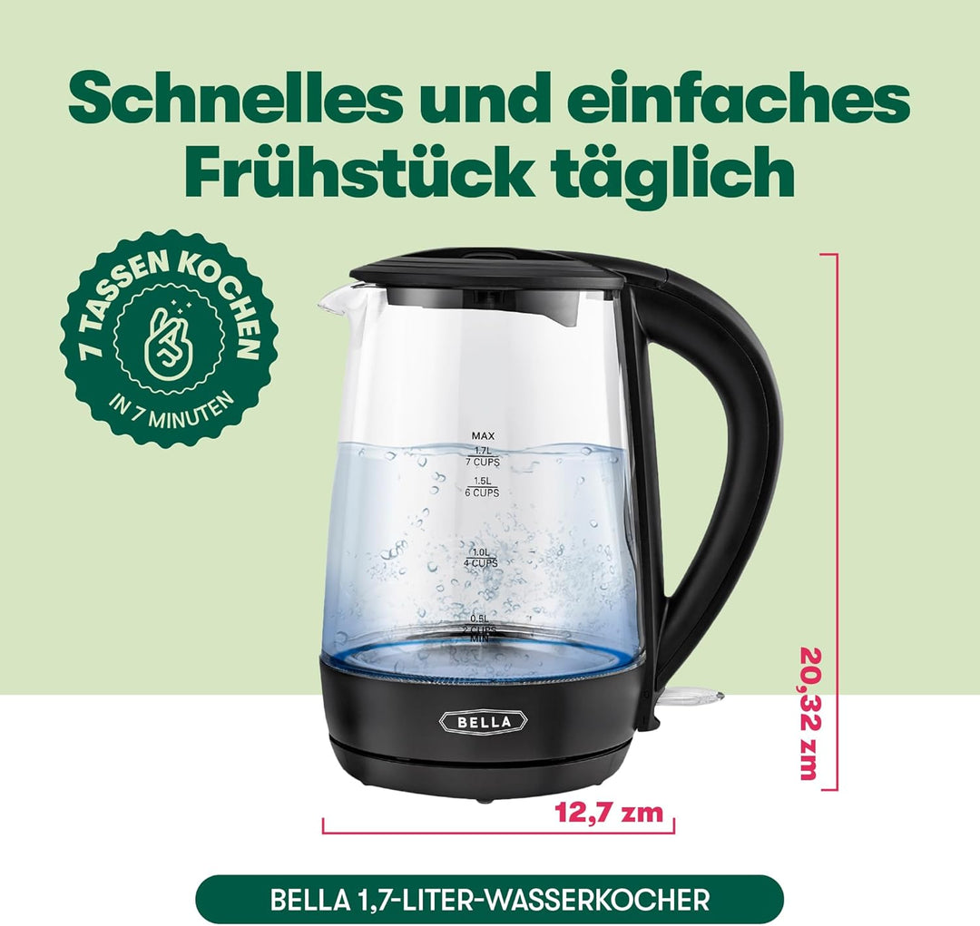bella Elektrischer Wasserkocher, 1,7 l – Mobiler, schnurloser LED-Farbwechsel-Teekessel aus Klarglas