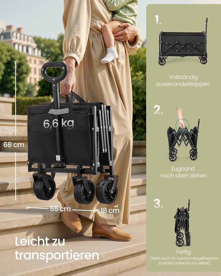 SONGMICS Kleiner Handwagen faltbar, Gartenwagen, kompakt, mit Griff, mit 4 verstärkten Rollen, Davon