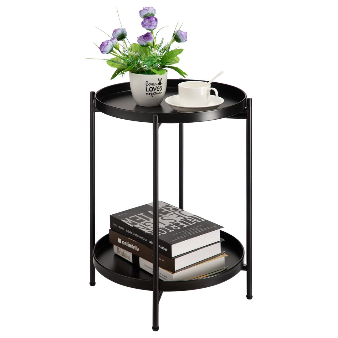 HollyHOME Runder Beistelltisch, 2 Ebenen Beistelltisch Metalltablett, Snacktisch, Couchtisch, Teetis