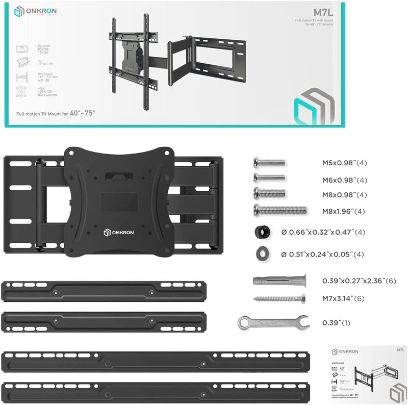 ONKRON TV Wandhalterung ausziehbar für 40" - 75" TV bis zu 68 kg - Fernseher Halterung schwenkbar &