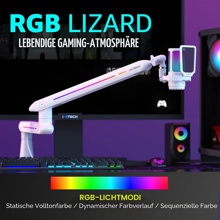 IXTECH RGB Low Profile Galgenarm für Mikrofon, verstellbarer Mikrofonarmständer mit Tischhalterungsk