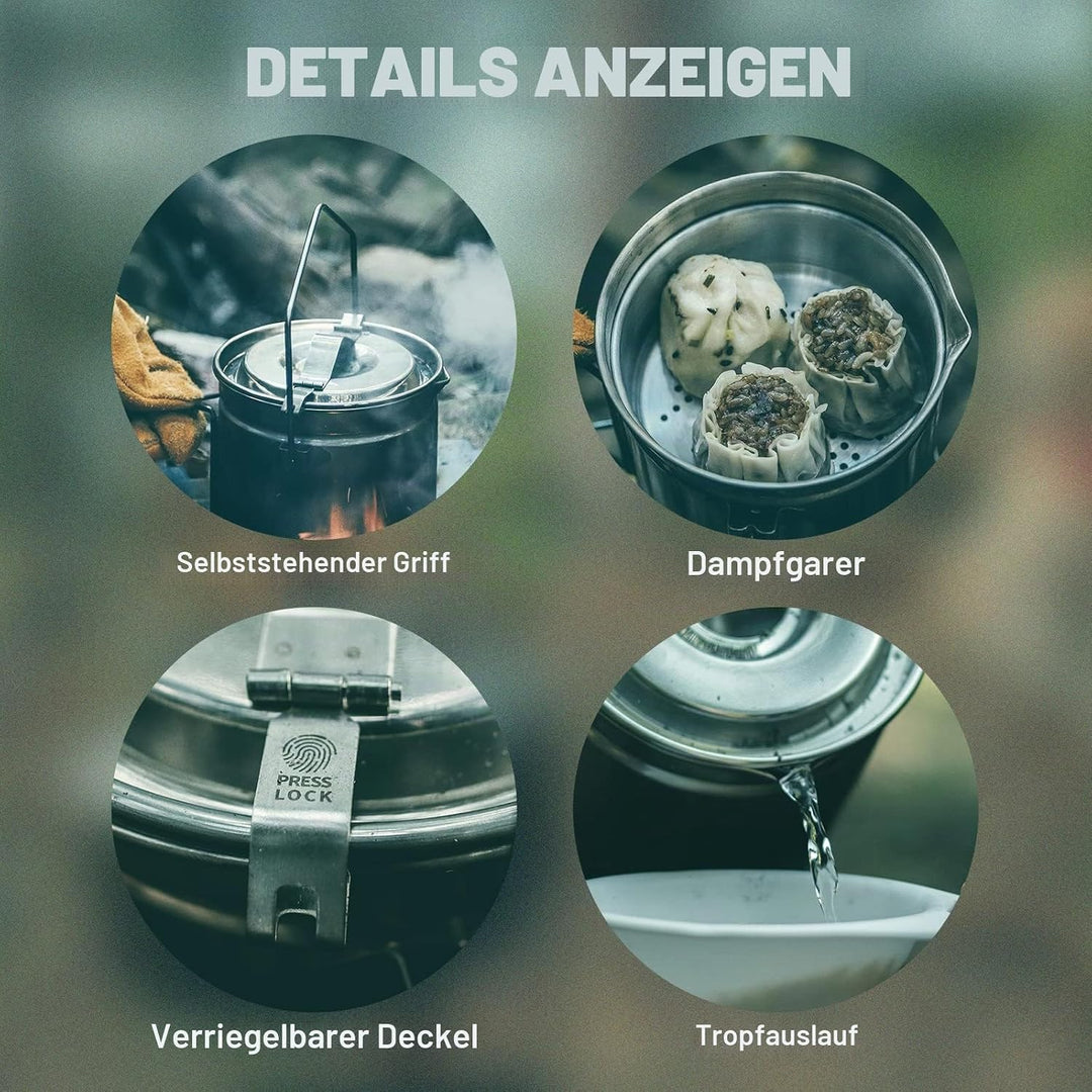 Fire-Maple Campingtopf Edelstahl Camping-Hängetasse mit Dampfkorb 1,2 l Lagerfeuer-Kaffeetasse mit F