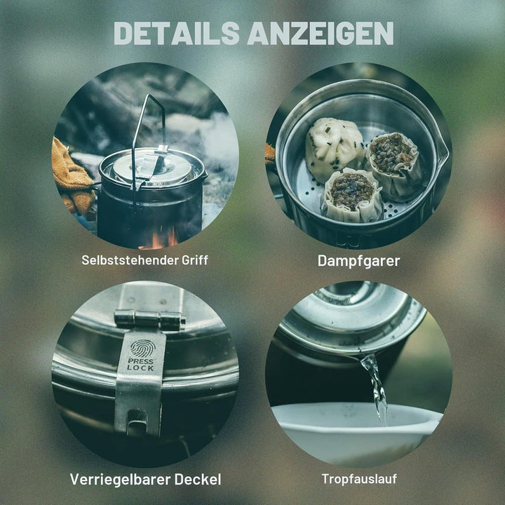 Fire-Maple Campingtopf Edelstahl Camping-Hängetasse mit Dampfkorb 1,2 l Lagerfeuer-Kaffeetasse mit F