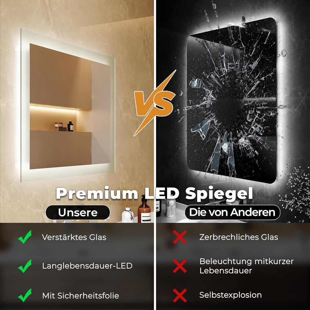 Badspiegel mit Beleuchtung, 60x50x3.5cm, Spiegel mit Beleuchtung 6400K, 3.5 cm kupferfreiem silberne