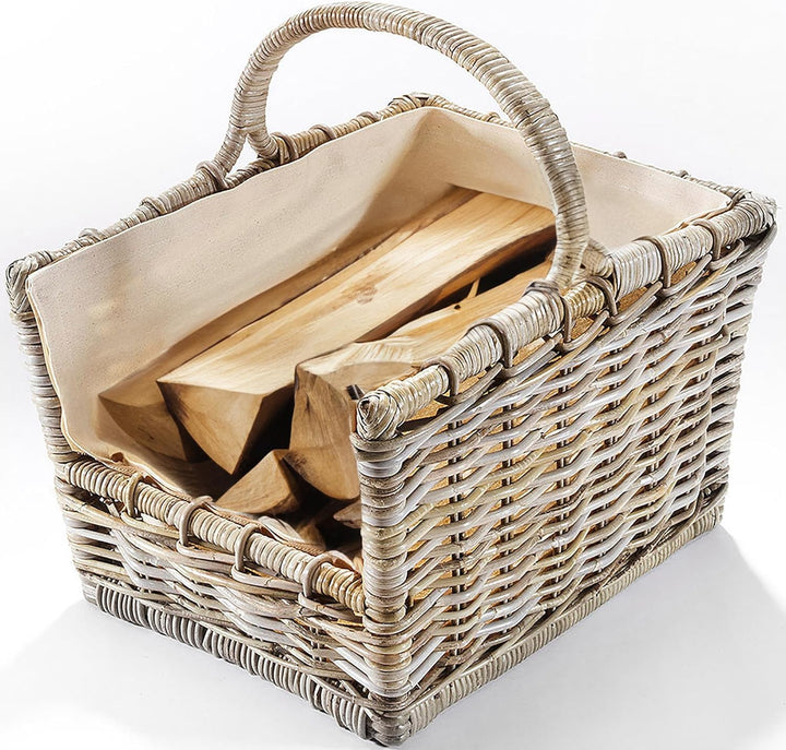 Kobolo Kaminholzkorb Holztrage Holzkorb für Kaminholz Rattan grau mit abnehmbarem, 50x38x33