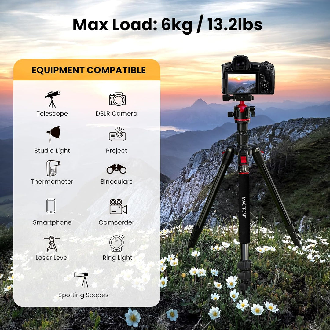 MACTREM Kamerastativ, 74 Zoll/187cm Aluminium Reisestativ & Einbeinstativ mit 360°Kugelkopf, leichte