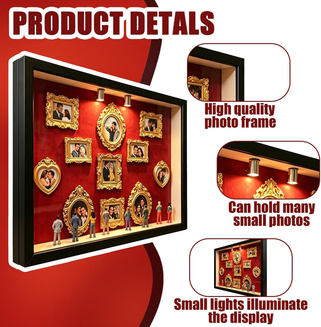 DIY Mini Museum Silhouette Box, Schwarzer Bilderrahmen mit Beleuchtung & 8 MINI Figuren & 11 Gold Ra