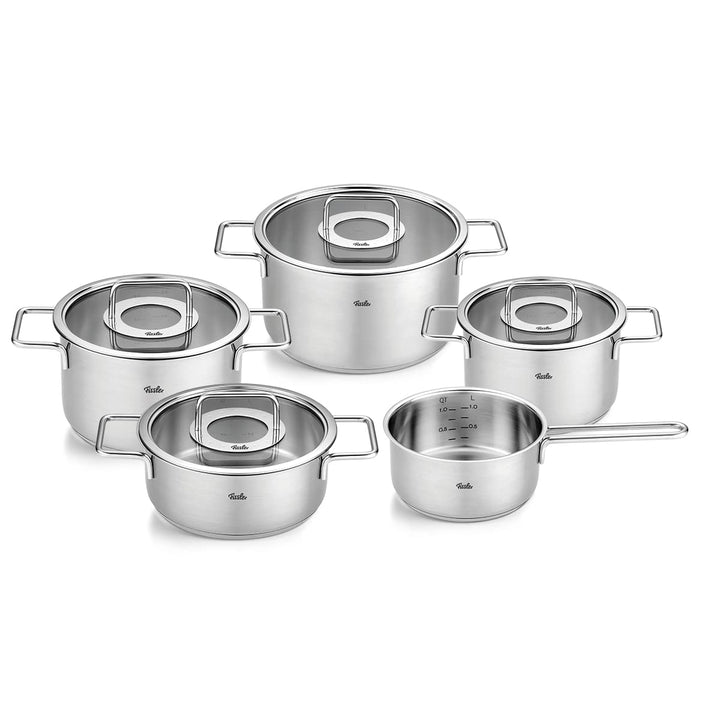 Fissler Pure Collection / Edelstahl-Kochtopfset, 5-teilig, Töpfe mit Glas-Deckel (3 Kochtöpfe,1 Brat