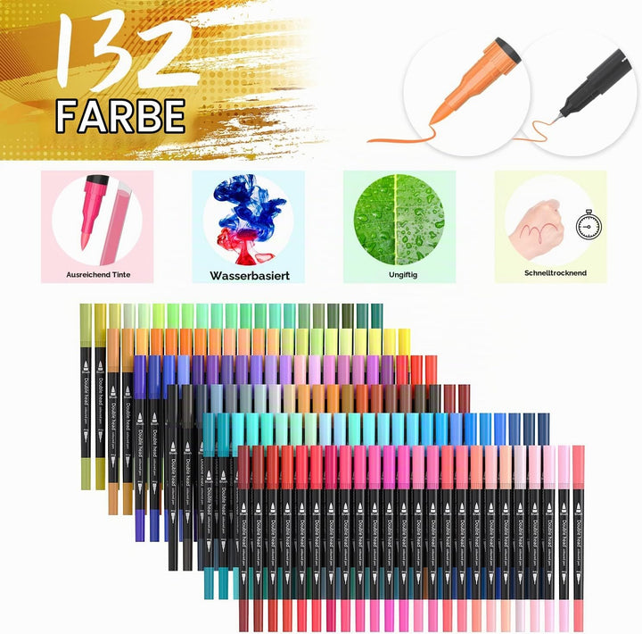 TrendGate Dual Brush Pen Set, 132 Farben Fineliner und Pinselstifte Set, Doppel Filzstifte Dicke und
