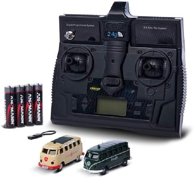 Carson 500504152 1:87 VW T1 Polizei+ Malteser Combo 2.4GHz LCD - Fahrfertiges Modell, 2.4 GHz Fernst