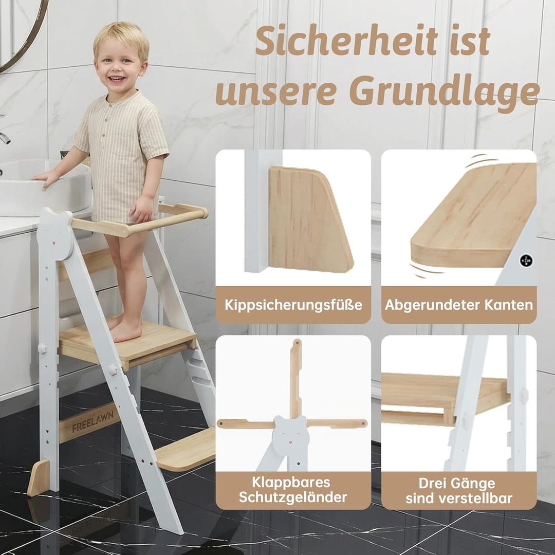 Lernturm Klappbar & 3-Fach Höhenverstellbar - Kippsicherer Learning Tower aus Kiefernholz - Mitwachs