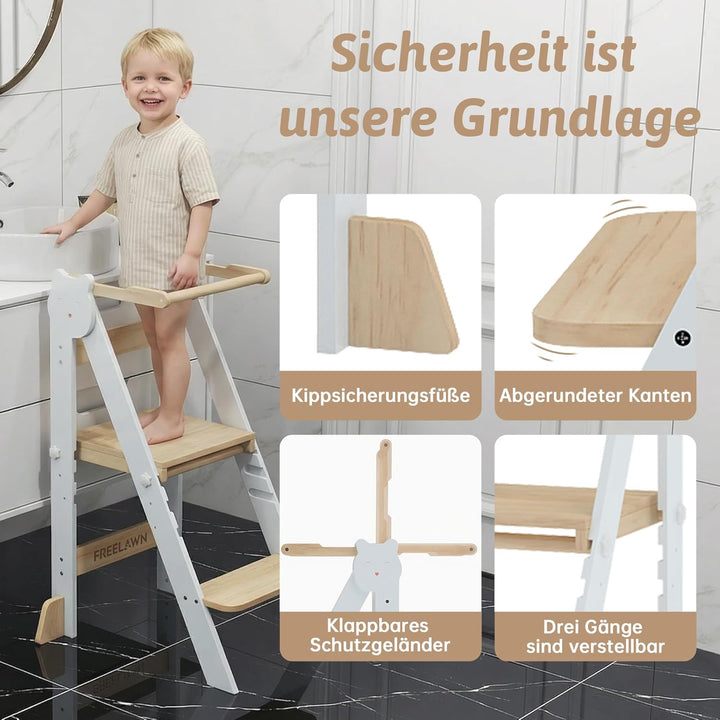 Lernturm Klappbar & 3-Fach Höhenverstellbar - Kippsicherer Learning Tower aus Kiefernholz - Mitwachs