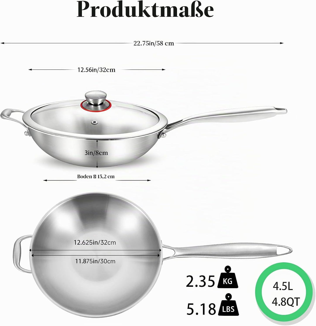 LOLYKITCH 32 cm dreilagige Edelstahl-Wokpfanne mit Deckel, Stri-Bratpfanne, Induktionspfanne, spülma