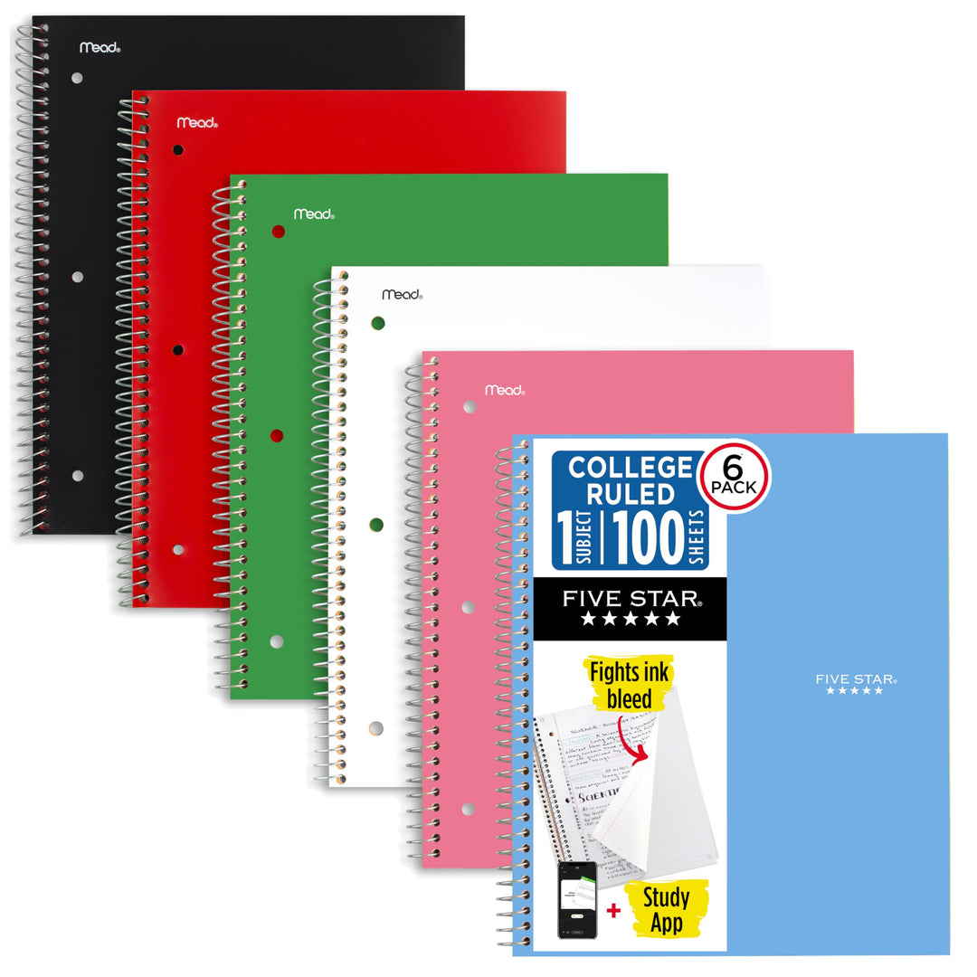 Five Star Spiral-Notizbücher mit Taschen Plus Study App, 6 Stück, 1 Stück, College liniertes Papier,