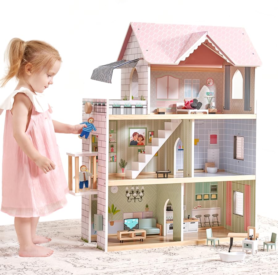Giant bean Puppenhaus Holz, 80 cm Hoch, mit Aufzug, Türklingel, Licht, 15 Möbelstücken und 3 Puppen,