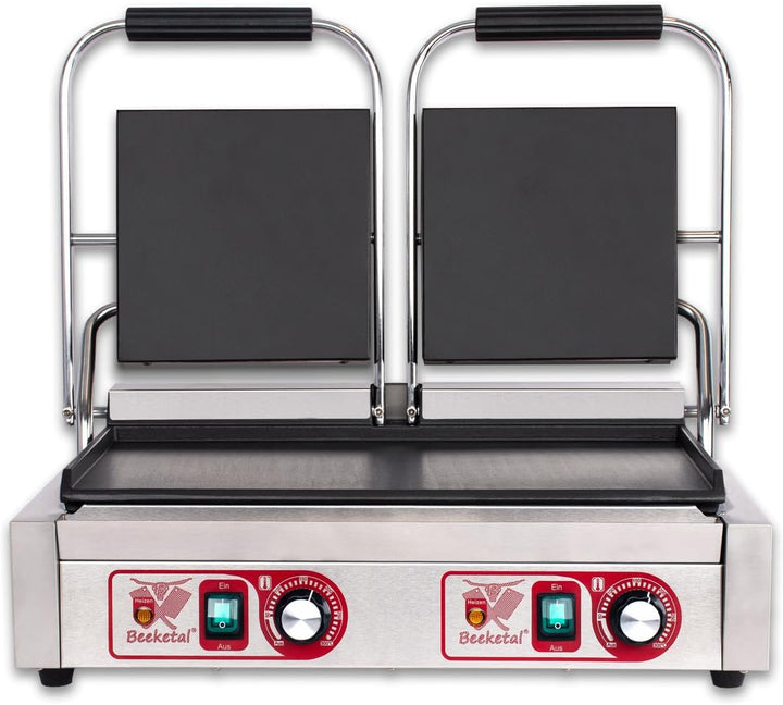 Beeketal 'BKG9' Gastro Doppelt Kontaktgrill mit Gusseisen Grillpatten (oben und unten glatt) mit Fet