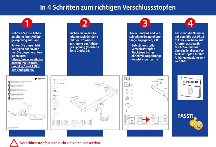 Westfalia Verschluss-Stopfen 913183630121 für abnehmbare Anhängerkupplung (Nicht universell einsetzb