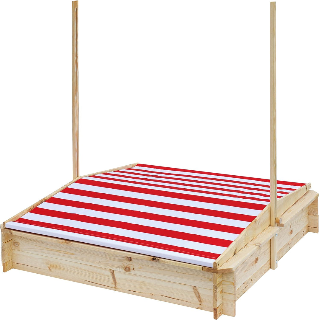 beluga Spielwaren 50380 -Sandkasten mit Wasser-Matsch-Bereich und Rot/weissem Dach, natur / rot