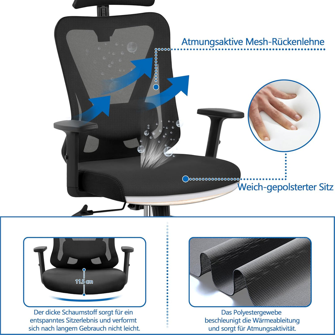 Yaheetech Bürostuhl Ergonomisch, Schreibtischstuhl mit Verstellbarer Kopfstütze, Armlehnen, Lendenwi