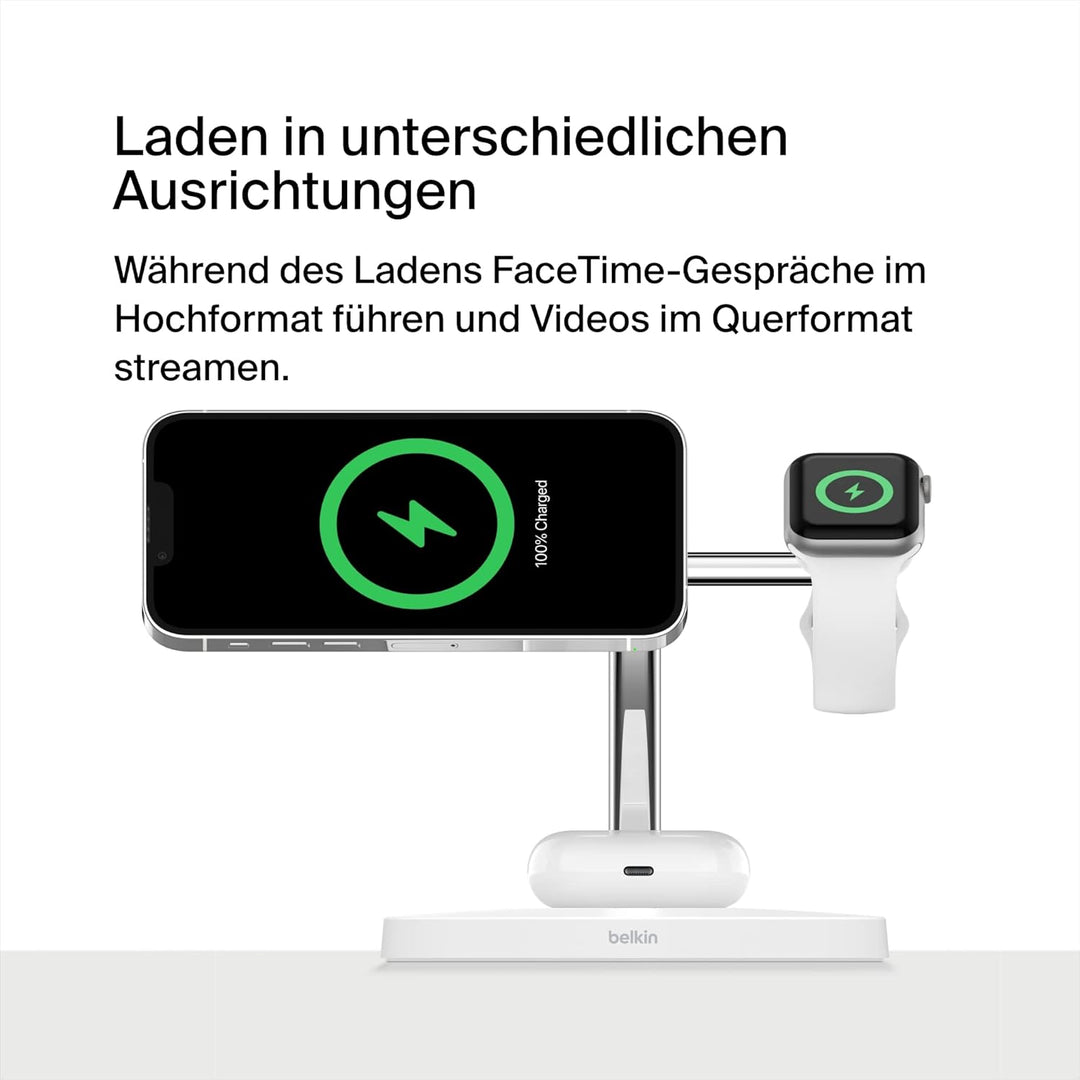 Belkin drahtloses MagSafe 3-in-1-Ladegerät, MagSafe ladestation 15 W, schnelles Laden für das iPhone