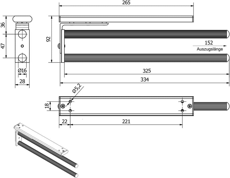 SOTECH 2 Stück drehbare Handtuchhalter TED 2-armig EV1 eloxiert (Aluminium, 325-487 mm, ausziehbar)