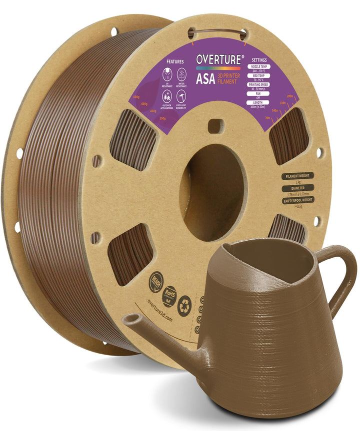 OVERTURE ASA Filament 1.75mm, Spule 1kg (2.2lbs), Massgenauigkeit +/- 0.03 mm, für 3D Drucker (Braun