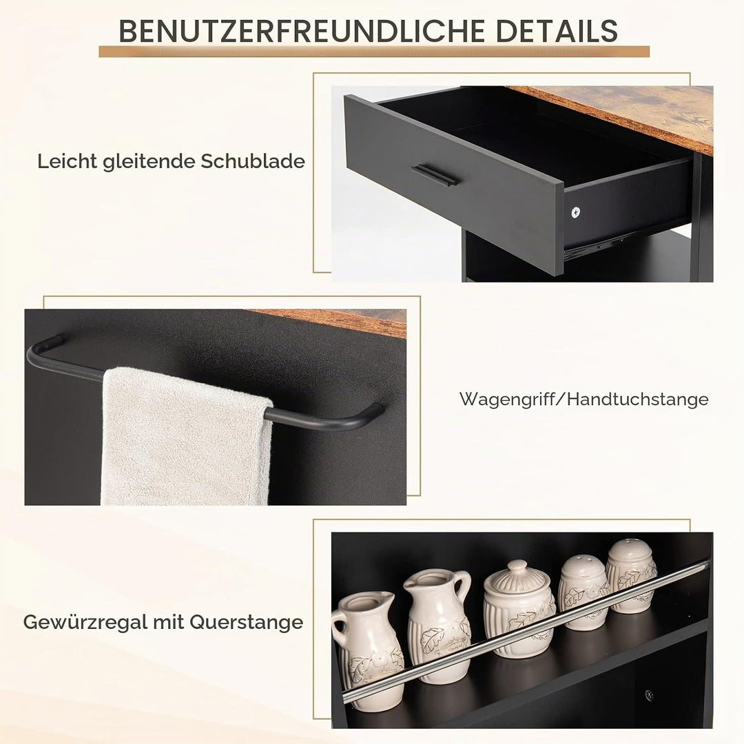 KOMFOTTEU Küchenwagen mit Rollen, Servierwagen mit 3 seitlichen Regalen, Türschrank und Schublade, K