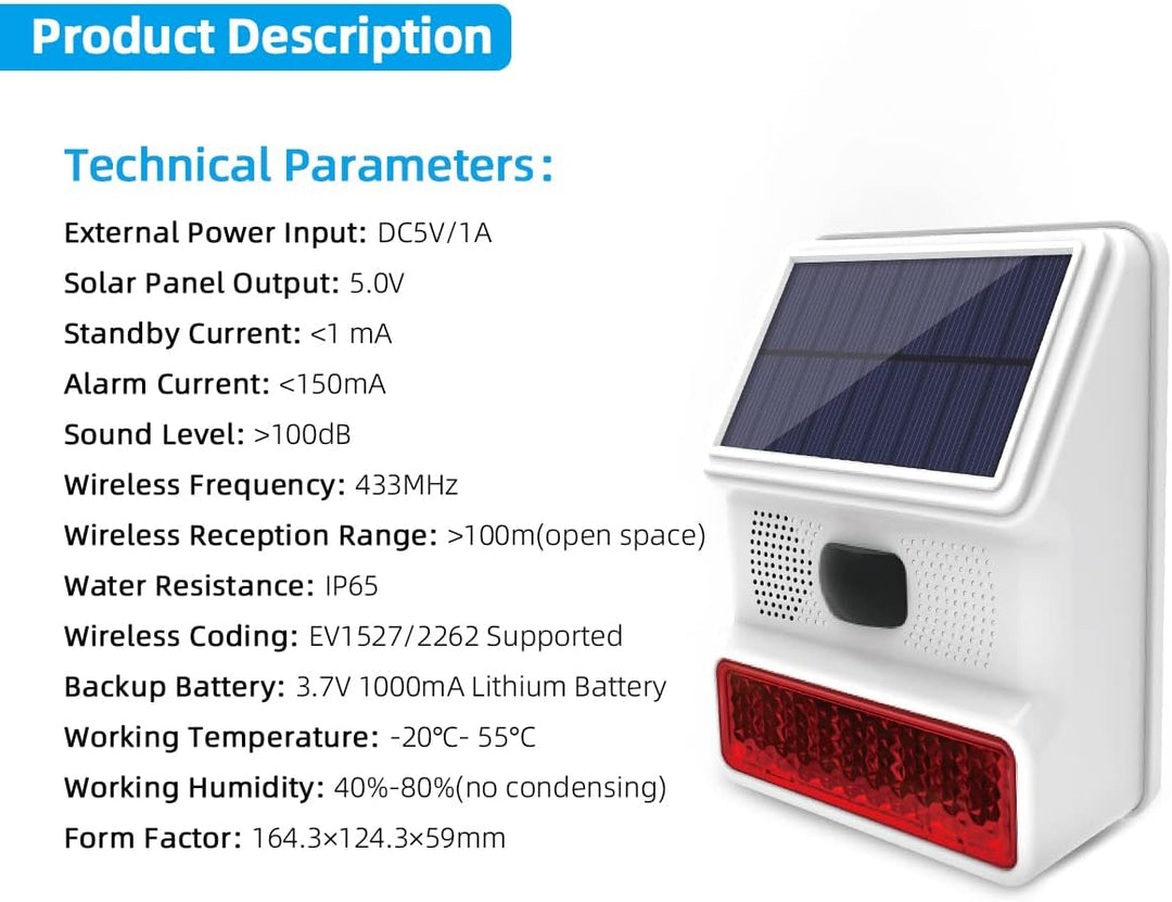 Solar-Sirene für den Aussenbereich, mit LED-Blinklicht, 110 dB, kompatibel mit Alarmanlage für Haus,