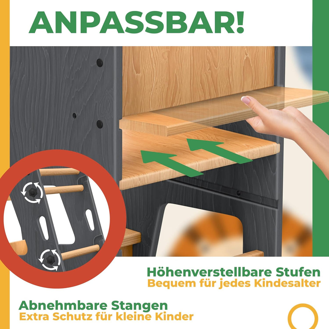 KIDIZ® Lernturm für Kinder ab 1 Jahr inkl. Lernuhr | 3-stufig Höhenverstellbarer Tritthocker aus Kie