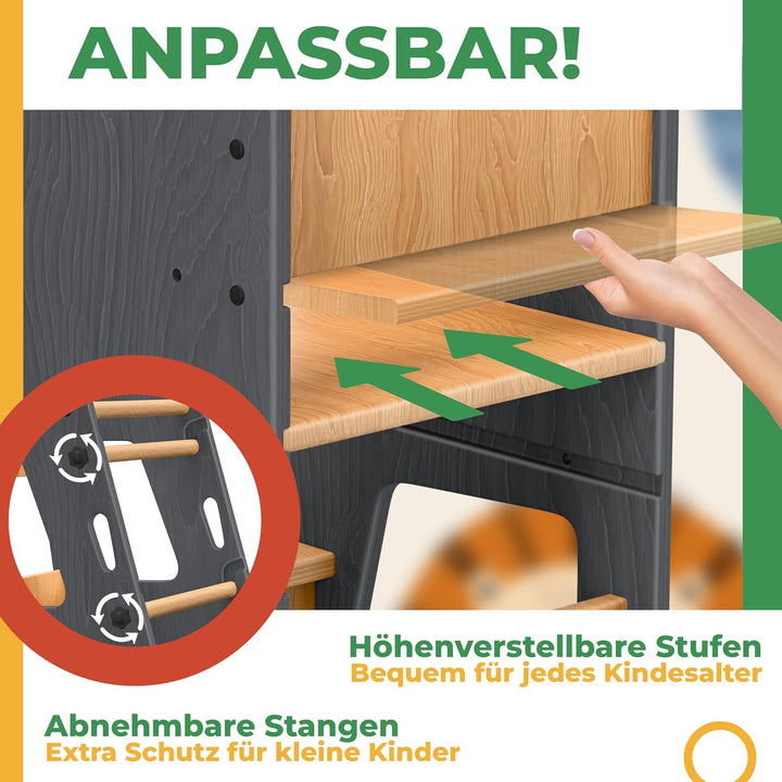 KIDIZ® Lernturm für Kinder ab 1 Jahr inkl. Lernuhr | 3-stufig Höhenverstellbarer Tritthocker aus Kie