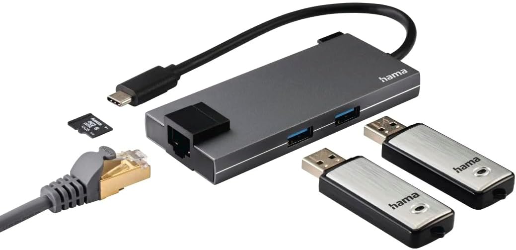 Hama USB C Hub 5 Ports (Multiport Adapter 1x HDMI 4K Ultra HD, 1x LAN Gigabit Ethernet, 2x USB-A, 1x