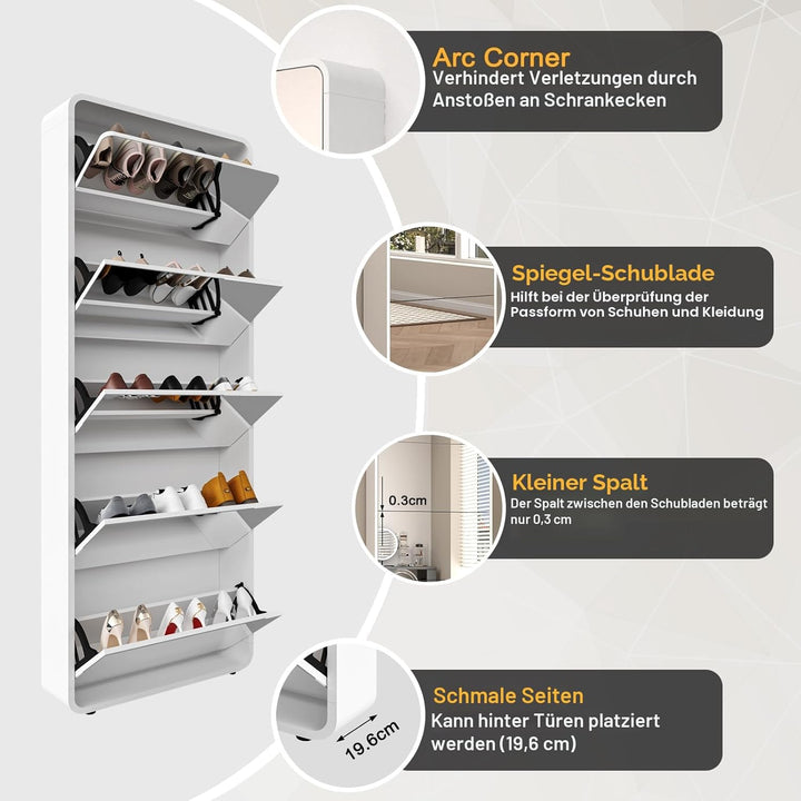 Spiegel-Schuhschrank mit 5 Flip-Schubladentüren, freistehender Schuhregal, schmaler Schuh-Organizer-