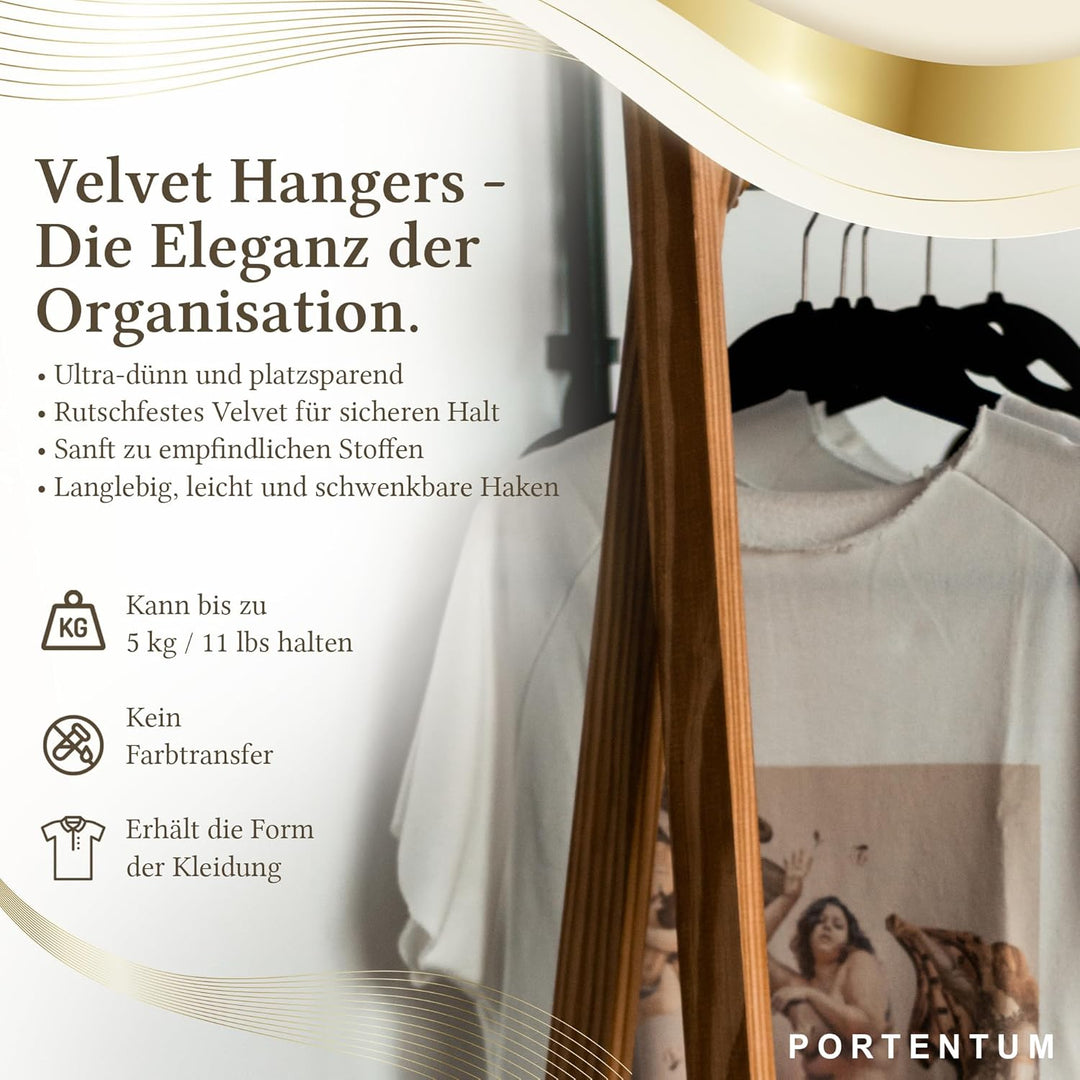 PORTENTUM Kleiderbügel aus Samt, 30 Stück, Schwarz. Zubehörhalter, 360º Drehbarer Haken, Platzsparen