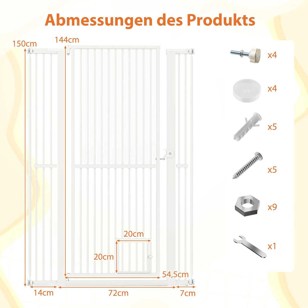 GYMAX extra hohes Haustiergitter, Türgitter Hunde mit Verriegelbarer Katzenklappe, 2 Verlängerungsse