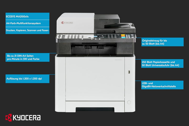Kyocera Ecosys MA2100cwfx Farblaserdrucker Multifunktionsgerät WLAN. Drucker Scanner Kopierer, Faxge