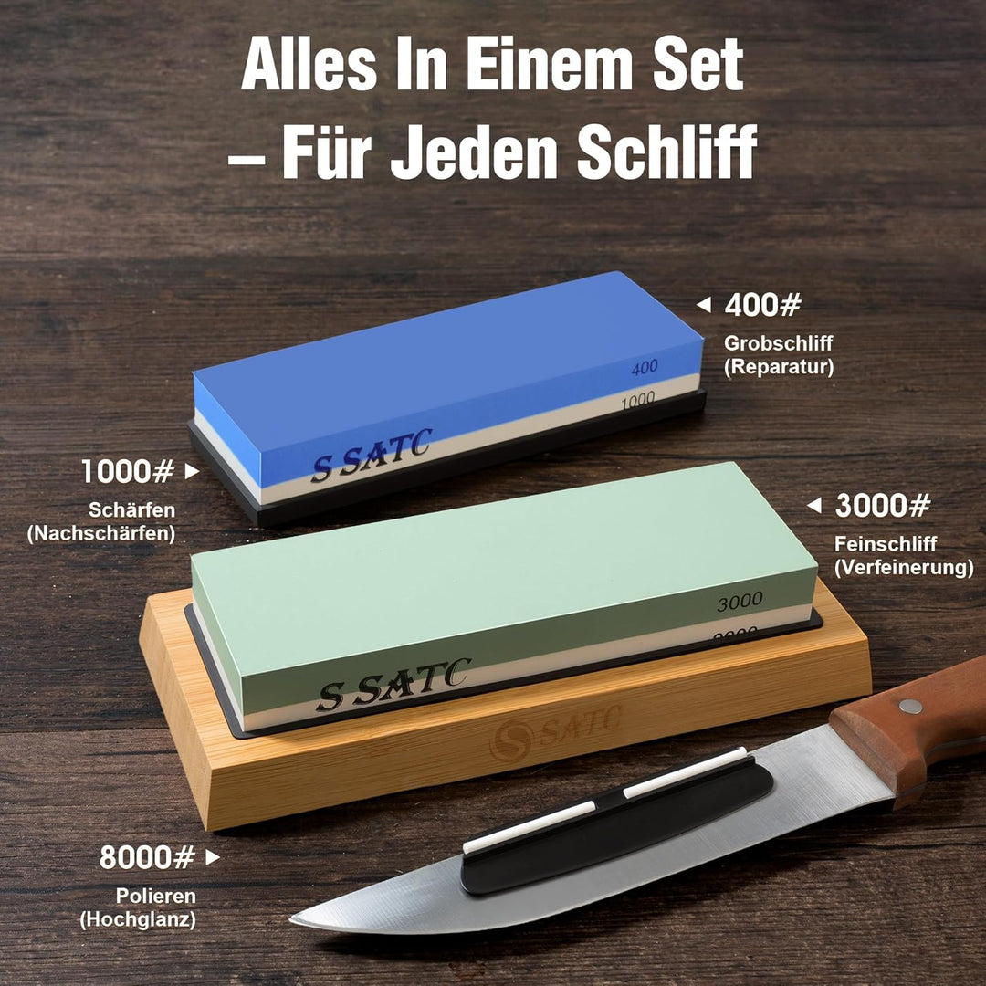 Schleifstein Set 400/1000/3000/8000 Körnung - Hochwertig Wetzstein Messerschärfer mit Bambusständer