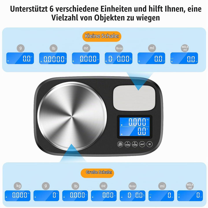 Brifit Küchenwaage mit Dualer Plattform, 10Kg /1g und 1Kg/0,1g，Digitalwaage mit 7 Einheiten, Tara Fu