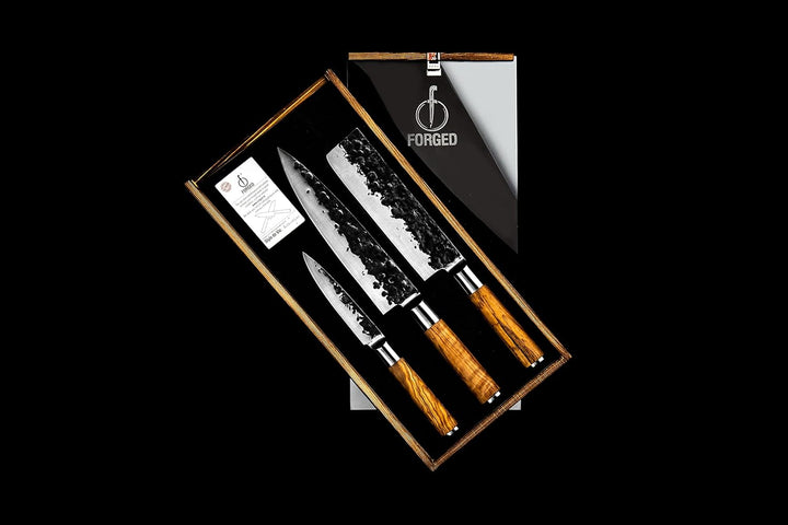 Forged Olive Messerset 3-teilig, handgefertigt, in Holzkiste