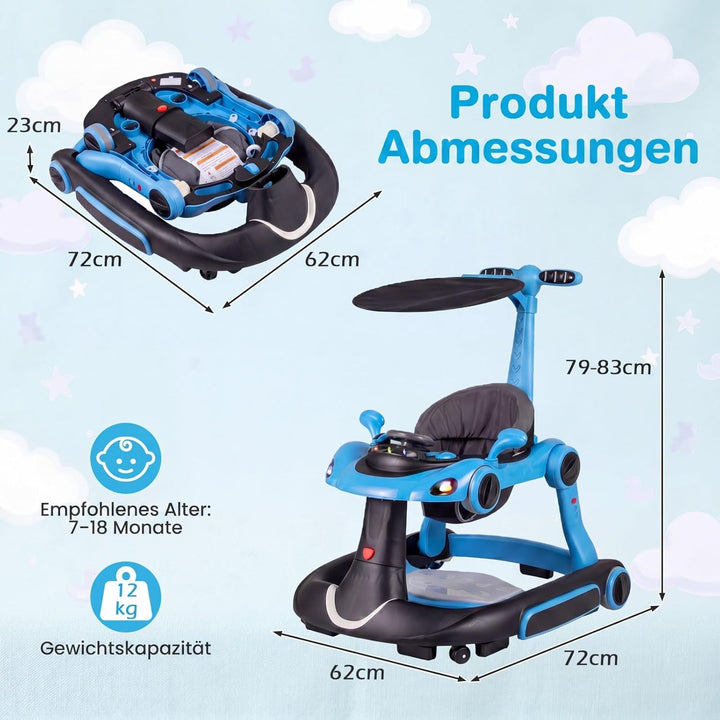 COSTWAY 7 in 1 Lauflernhilfe mit Verdeck, Lauflerwagen mit einstellbarer Höhe & Geschwindigkeit, Bab