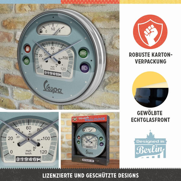 Nostalgic-Art Retro Wanduhr, Ø 31 cm, Vespa – Tacho – Geschenk-Idee für Roller-Fans, Original Lizenz